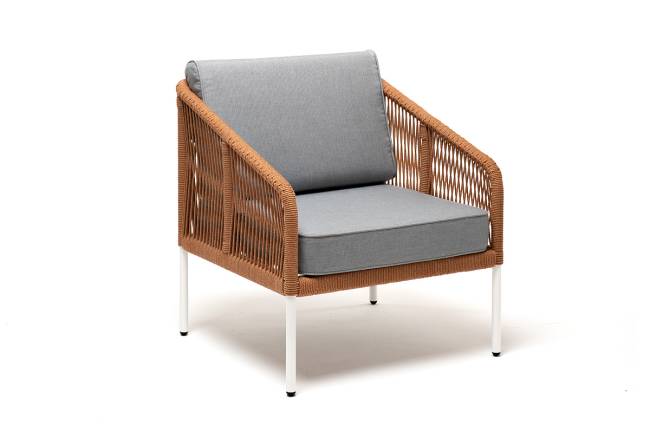 "Канны" кресло плетеное из роупа, каркас алюминий светло-серый (RAL7035) муар, роуп светло-серый круглый, ткань светло-серая