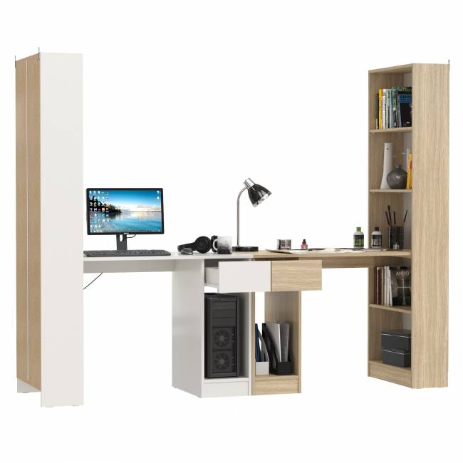 Два письменных стола Лайт 10.01 со шкафом с полками цвет белый гладкий/плэйн