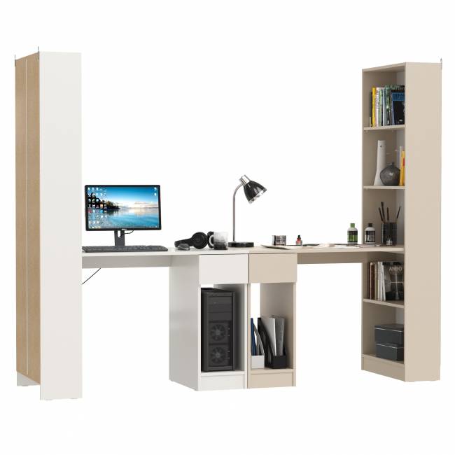 Два стола письменных с выдвижным ящиком и открытым шкафом Лайт 10.01 цвет белый гладкий/сатин