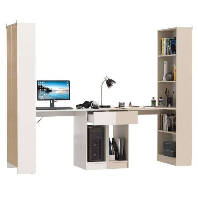 Два стола письменных с выдвижным ящиком и открытым шкафом Лайт 10.01 цвет белый гладкий/сатин