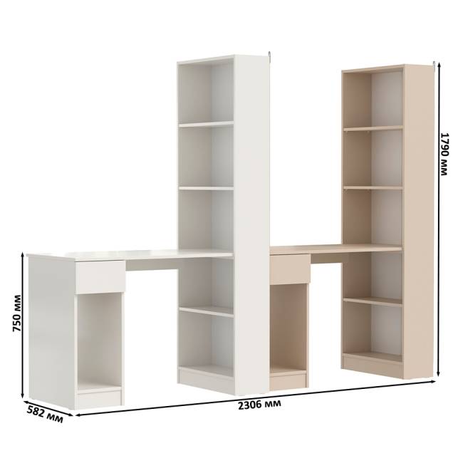 Два стола письменных с выдвижным ящиком и открытым шкафом Лайт 10.01 цвет белый гладкий/сатин