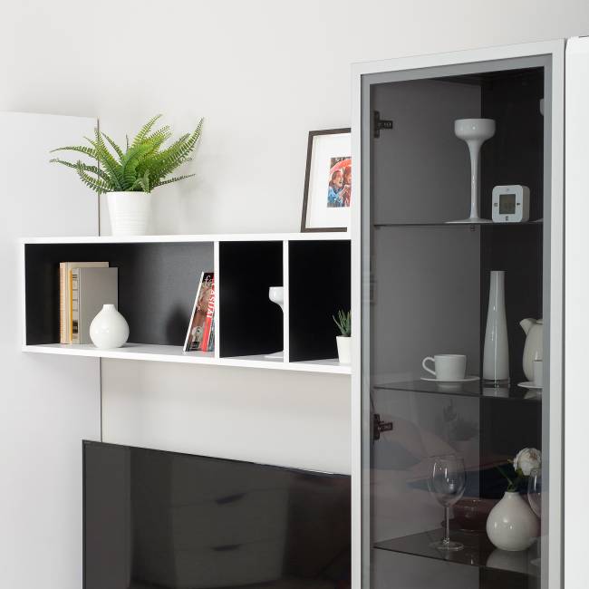 ТВ тумба Сидней с полкой цвет белый/чёрный/фасады МДФ белый глянец